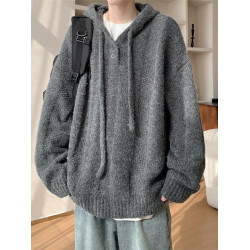 慵懶風軟糯連帽針織衫男秋冬季高級感潮牌復古寬松休閒純色毛線衣