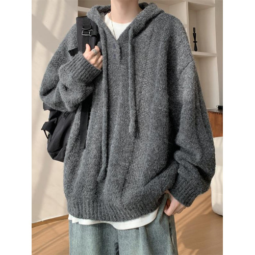 慵懶風軟糯連帽針織衫男秋冬季高級感潮牌復古寬松休閒純色毛線衣