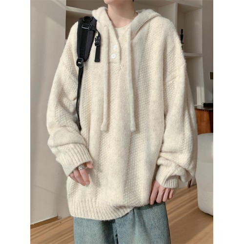 慵懶風軟糯連帽針織衫男秋冬季高級感潮牌復古寬松休閒純色毛線衣