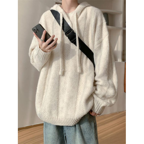 慵懶風軟糯連帽針織衫男秋冬季高級感潮牌復古寬松休閒純色毛線衣