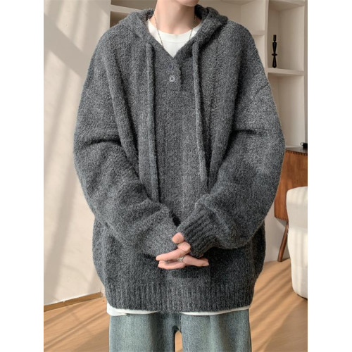 慵懶風軟糯連帽針織衫男秋冬季高級感潮牌復古寬松休閒純色毛線衣