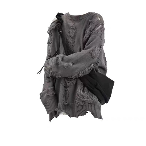 歐美高街假兩件oversize破洞毛衣男女秋冬季慵懶風鏤空美式針織衫 歐美高街假兩件oversize破洞毛衣男女秋冬季慵懶風鏤空美式針織衫