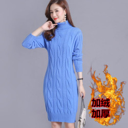 秋冬新款加絨加厚高領毛衣女寬鬆大碼中長款針織衫小個過膝打底裙