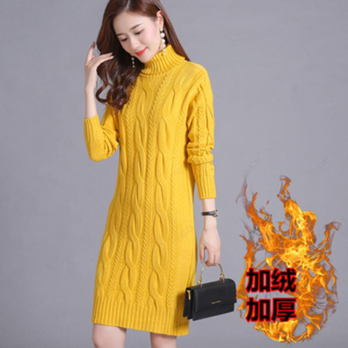 秋冬新款加絨加厚高領毛衣女寬鬆大碼中長款針織衫小個過膝打底裙