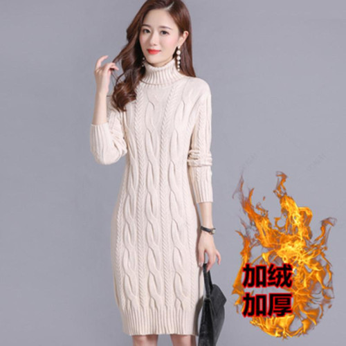 秋冬新款加絨加厚高領毛衣女寬鬆大碼中長款針織衫小個過膝打底裙
