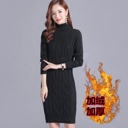 秋冬新款加絨加厚高領毛衣女寬鬆大碼中長款針織衫小個過膝打底裙
