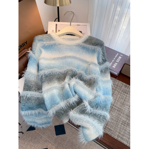 專櫃撤廻大牌女裝彩虹漸變水貂絨毛衣女秋冬慵嬾寬鬆針織上衣