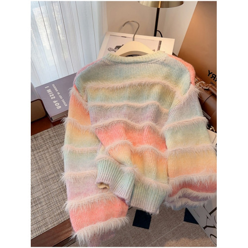 專櫃撤廻大牌女裝彩虹漸變水貂絨毛衣女秋冬慵嬾寬鬆針織上衣