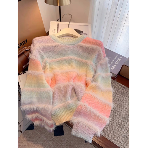 專櫃撤廻大牌女裝彩虹漸變水貂絨毛衣女秋冬慵嬾寬鬆針織上衣