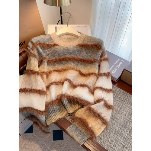 專櫃撤廻大牌女裝彩虹漸變水貂絨毛衣女秋冬慵嬾寬鬆針織上衣