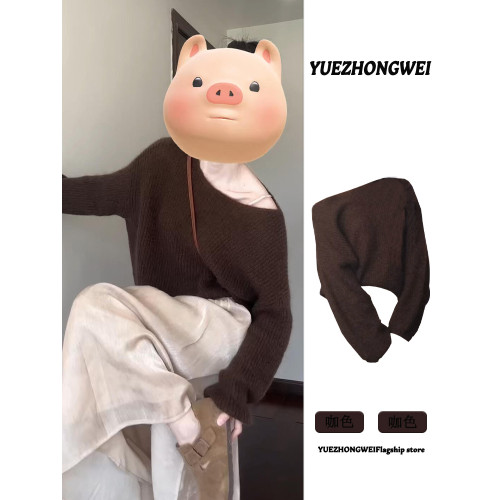 美拉德韓系穿搭斜肩毛衣女秋冬寬鬆慵嬾風露肩長袖針織衫內搭上衣