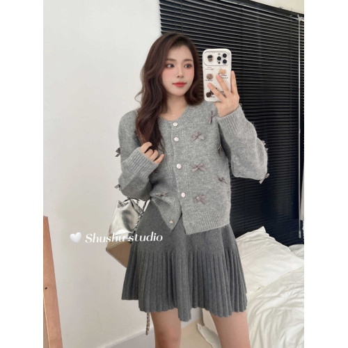 韓系秋冬miu小香風針織開衫蝴蝶結芭蕾風甜美氣質灰色毛衣外套女