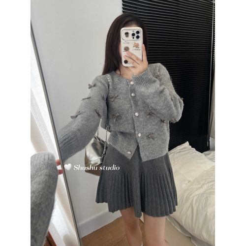 韓系秋冬miu小香風針織開衫蝴蝶結芭蕾風甜美氣質灰色毛衣外套女