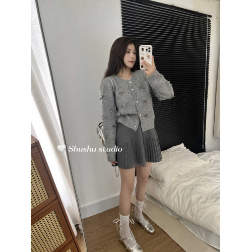 韓系秋冬miu小香風針織開衫蝴蝶結芭蕾風甜美氣質灰色毛衣外套女