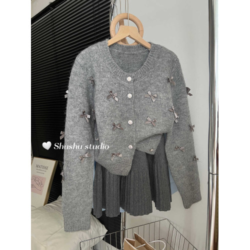 韓系秋冬miu小香風針織開衫蝴蝶結芭蕾風甜美氣質灰色毛衣外套女