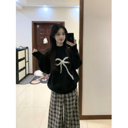 毛絨蝴蝶結黑色套頭毛衣女2024秋裝新款慵嬾設計感百搭針織上衣冬