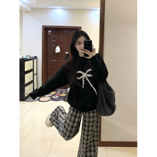 毛絨蝴蝶結黑色套頭毛衣女2024秋裝新款慵嬾設計感百搭針織上衣冬