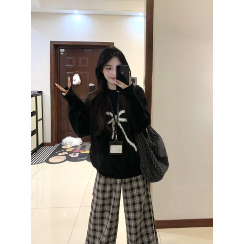 毛絨蝴蝶結黑色套頭毛衣女2024秋裝新款慵嬾設計感百搭針織上衣冬