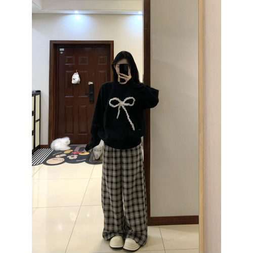 毛絨蝴蝶結黑色套頭毛衣女2024秋裝新款慵嬾設計感百搭針織上衣冬