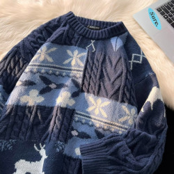 麻花毛衣男秋冬季加絨加厚慵懶打底針織衫復古拼接保暖寬松線衣服