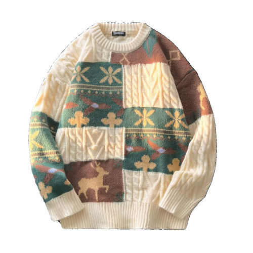 麻花毛衣男秋冬季加絨加厚慵懶打底針織衫復古拼接保暖寬松線衣服