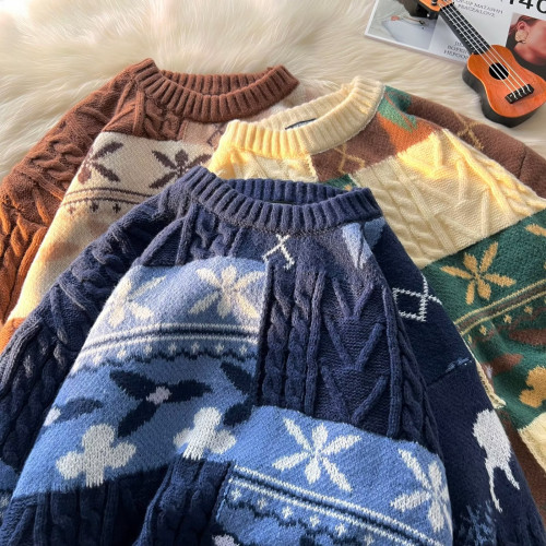 麻花毛衣男秋冬季加絨加厚慵懶打底針織衫復古拼接保暖寬松線衣服