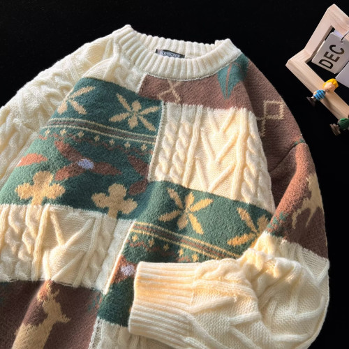 麻花毛衣男秋冬季加絨加厚慵懶打底針織衫復古拼接保暖寬松線衣服