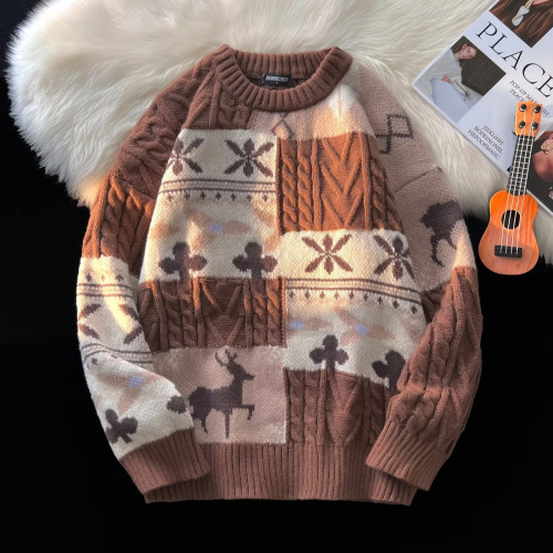 麻花毛衣男秋冬季加絨加厚慵懶打底針織衫復古拼接保暖寬松線衣服