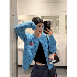 KOIISLE 美式復古波點圓領開衫毛衣外套女秋短款軟糯慵懶風針織衫