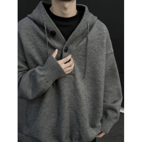 VUUG灰色重磅半開衫針織毛衣男春秋冬季潮牌寬松休閒男生連帽外套