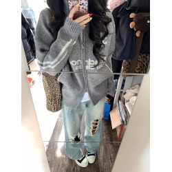 oversize棒球風翻領拉鍊毛衣開衫女外套秋季新款韓版寬松針織開衫