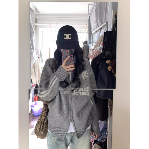 oversize棒球風翻領拉鍊毛衣開衫女外套秋季新款韓版寬松針織開衫