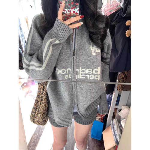 oversize棒球風翻領拉鍊毛衣開衫女外套秋季新款韓版寬松針織開衫