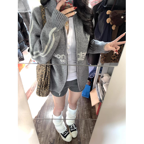 oversize棒球風翻領拉鍊毛衣開衫女外套秋季新款韓版寬松針織開衫