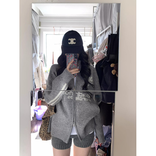 oversize棒球風翻領拉鍊毛衣開衫女外套秋季新款韓版寬松針織開衫