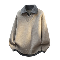 假兩件翻領毛衣男士秋冬季安哥拉紅毛線衣秋冬季新款針織衫慵懶風