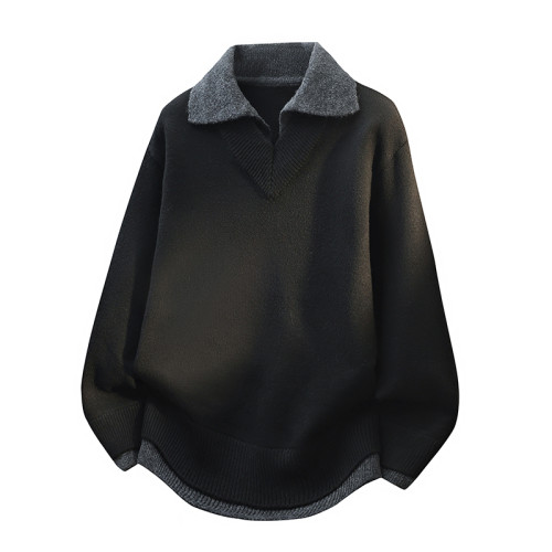 假兩件翻領毛衣男士秋冬季安哥拉紅毛線衣秋冬季新款針織衫慵懶風