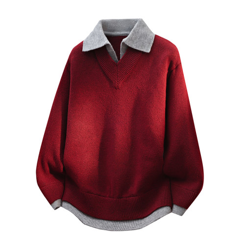 假兩件翻領毛衣男士秋冬季安哥拉紅毛線衣秋冬季新款針織衫慵懶風