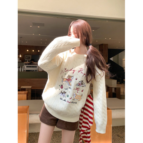 曾小鹹韓系刺綉白色麻花圓領套頭毛衣女秋冬季寬鬆毛織針織衫上衣