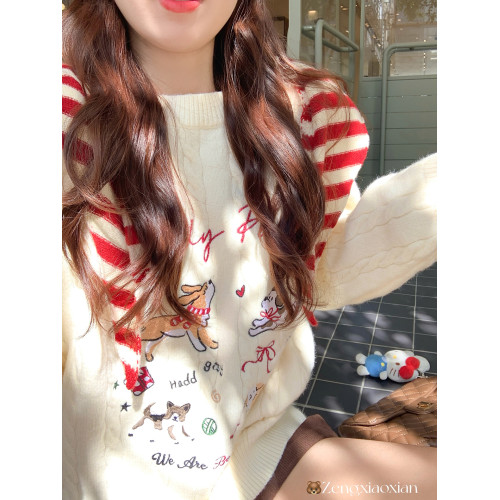 曾小鹹韓系刺綉白色麻花圓領套頭毛衣女秋冬季寬鬆毛織針織衫上衣