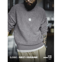 馬登工裝美式復古半邊絨圓領毛衣慵懶風套頭灰色加絨保暖上衣男秋