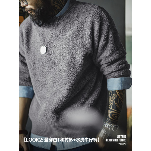 馬登工裝美式復古半邊絨圓領毛衣慵懶風套頭灰色加絨保暖上衣男秋