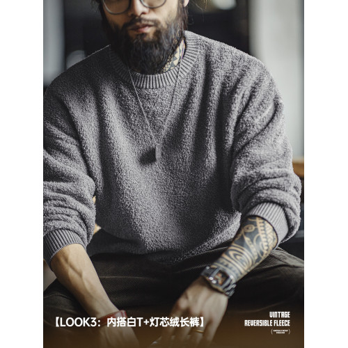 馬登工裝美式復古半邊絨圓領毛衣慵懶風套頭灰色加絨保暖上衣男秋