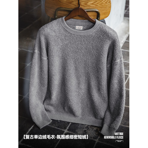 馬登工裝美式復古半邊絨圓領毛衣慵懶風套頭灰色加絨保暖上衣男秋