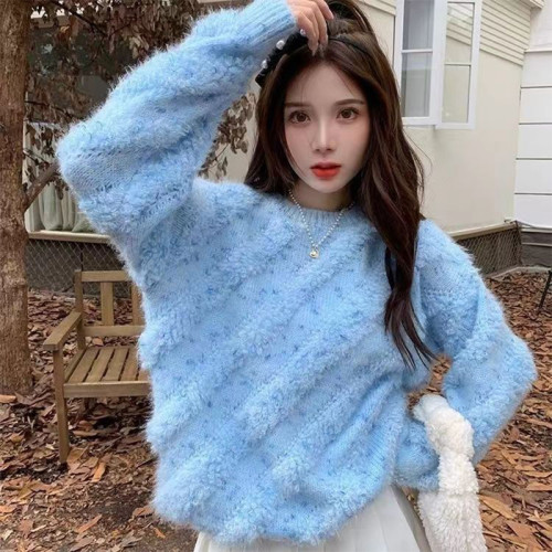 針織衫設計感軟糯長袖毛衣女裝秋季套頭新款寬松慵懶風毛絨絨上衣