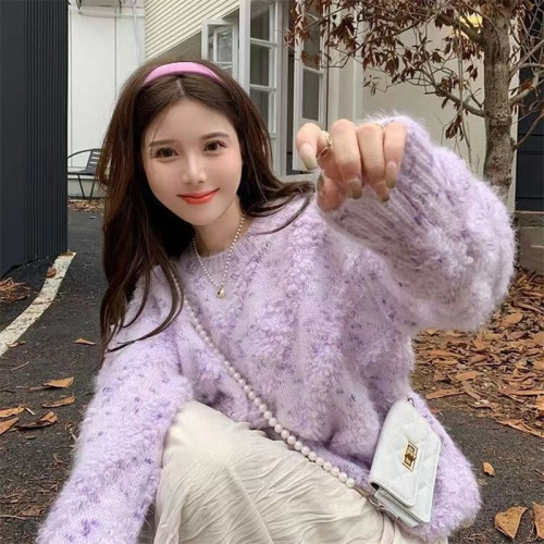 針織衫設計感軟糯長袖毛衣女裝秋季套頭新款寬松慵懶風毛絨絨上衣