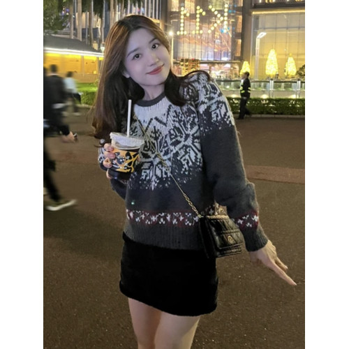 復古費爾島毛衣女士短款小個子秋冬季新款外穿加厚打底針織衫上衣