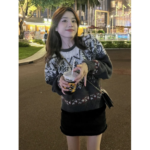 復古費爾島毛衣女士短款小個子秋冬季新款外穿加厚打底針織衫上衣