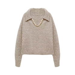 法式V領重工亮片咖色毛衣女款2025新款秋冬季獨特漂亮針織衫上衣