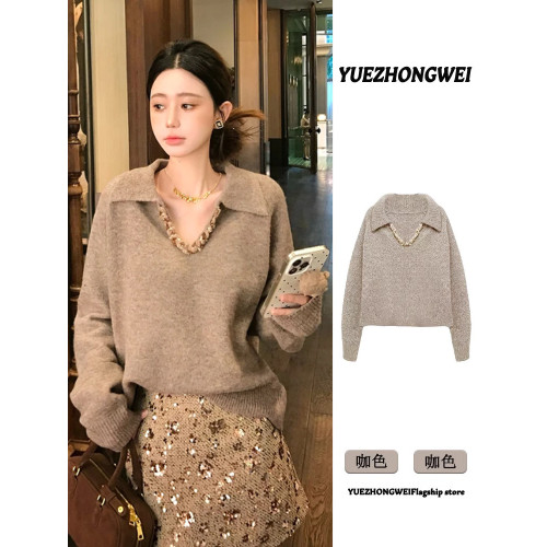 法式V領重工亮片咖色毛衣女款2025新款秋冬季獨特漂亮針織衫上衣